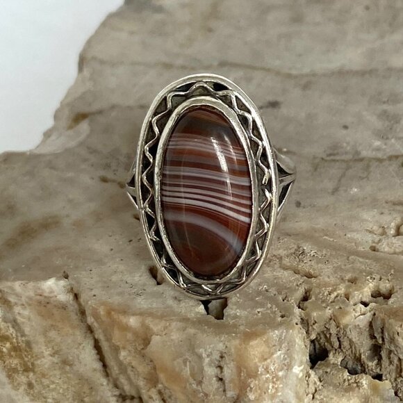 VTG Sterling Silver 925 Oval Bezel Set Banded Agate Double Split Shank Ring Sz 6 - Picture 4 of 16